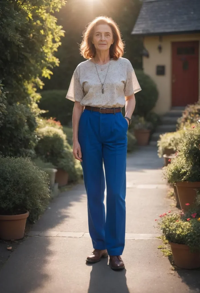 An ai generated image using stable diffusion: a woman in casual attire standing in a sunlit garden with a wooden house in the background.