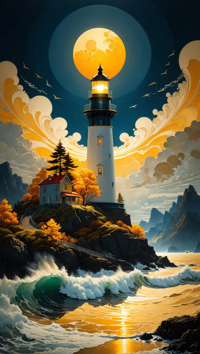 A surreal lighthouse under a bright full moon, created using Stable Diffusion AI. The image captures artistic waves crashing against the rocks, vibrant autumn trees surrounding the lighthouse, and dramatic clouds with birds flying.