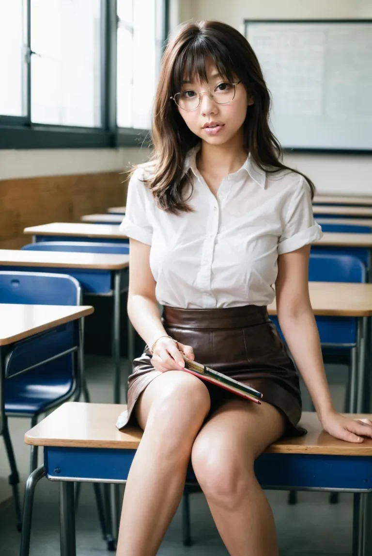 AI generated image of a young teacher sitting in a classroom holding a book, created with Stable Diffusion.