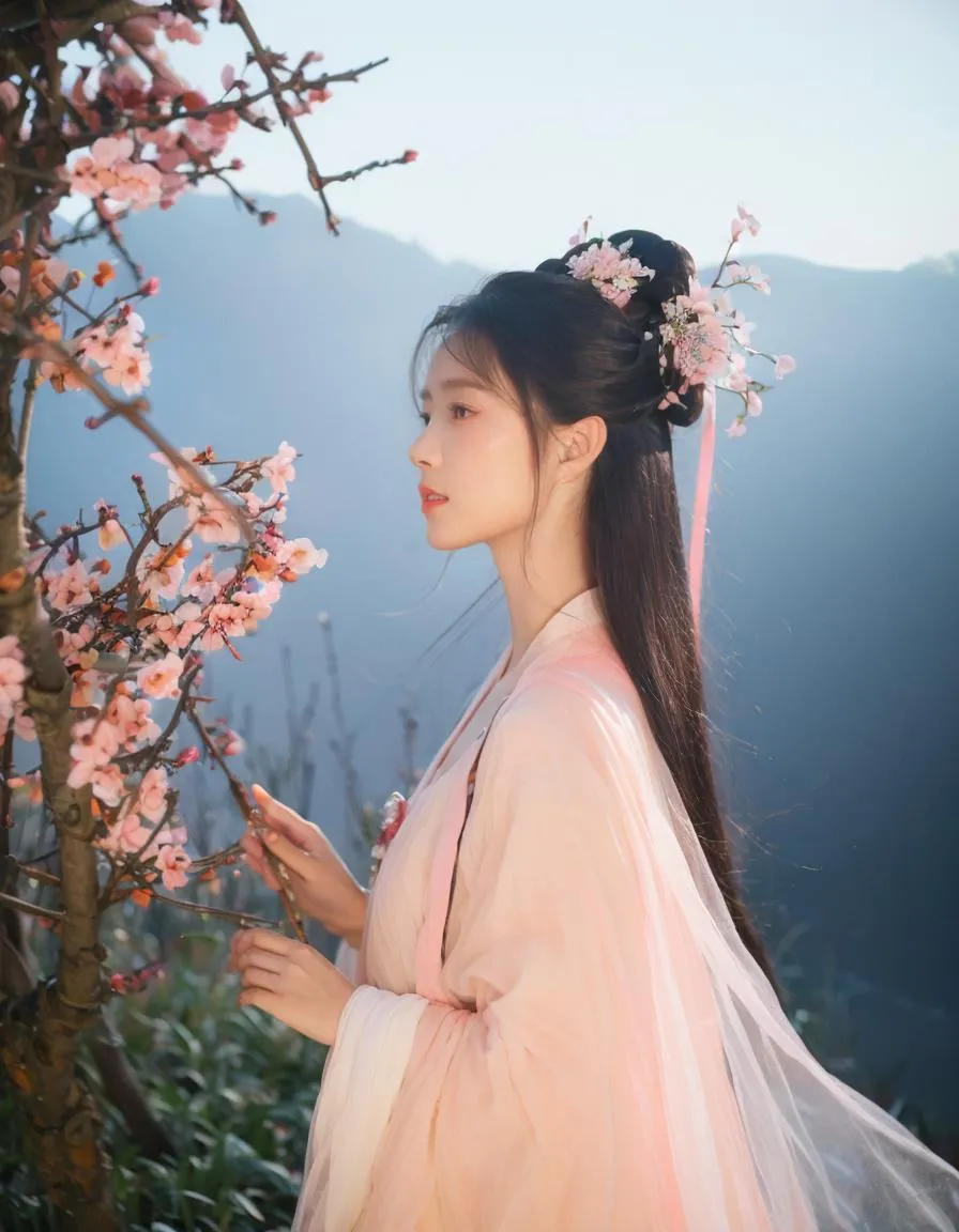 A woman dressed in traditional attire stands amidst cherry blossom trees. AI generated image using Stable Diffusion.