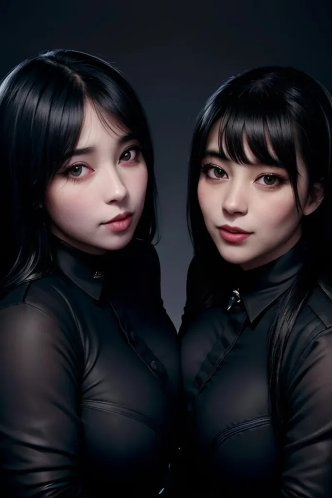 Two women with long dark hair wearing black outfits, created with stable diffusion ai.