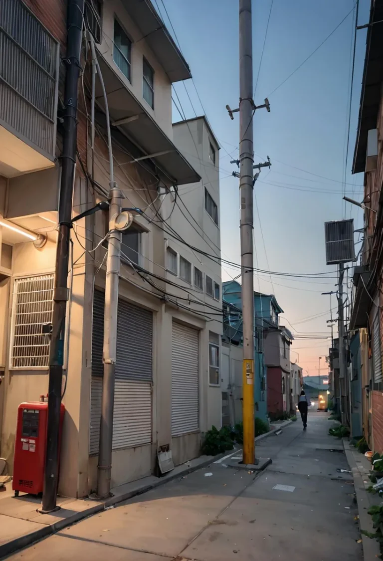 Urban alleyway in the evening with a person walking in the distance, AI generated image using Stable Diffusion.