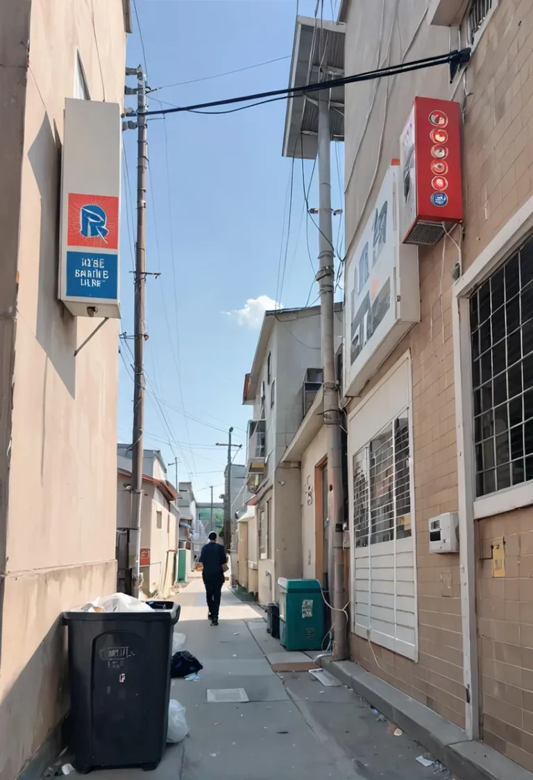 Urban alleyway with various signs and a person walking away. AI generated image using Stable Diffusion.