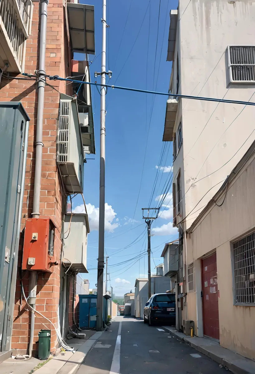 Urban alley with narrow street and buildings, AI generated image using stable diffusion.