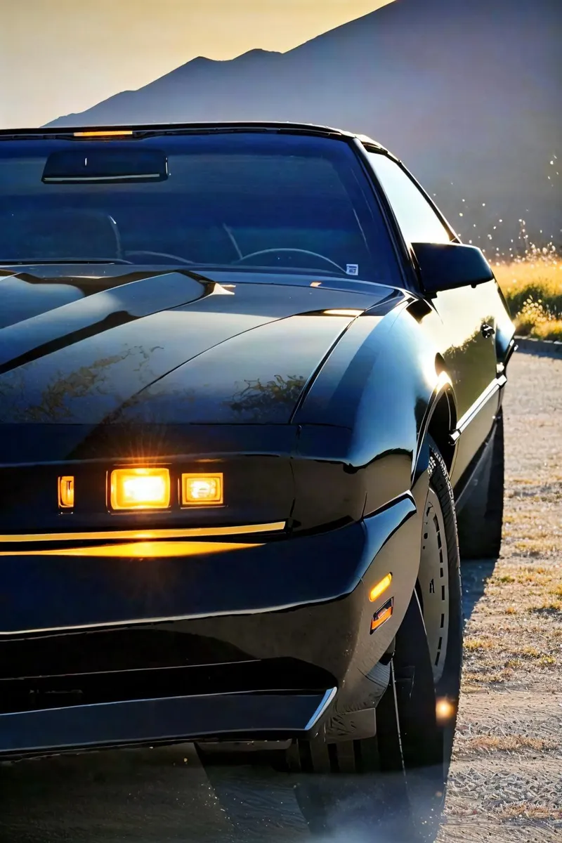 A vintage black sports car captured during sunset with a mountain background. The AI generated image using Stable Diffusion emphasizes the sleek design and glowing headlights.