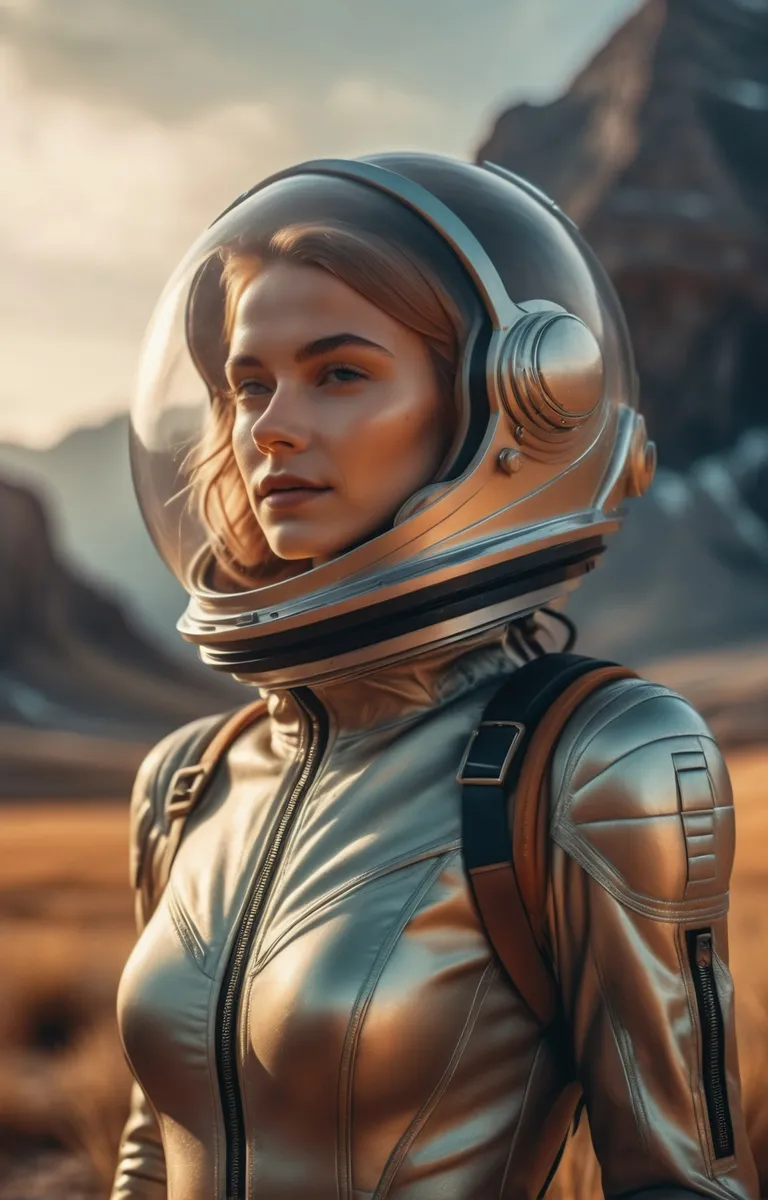 A woman in a futuristic space suit with a helmet standing in a rugged outdoor landscape. This is an AI generated image using stable diffusion.