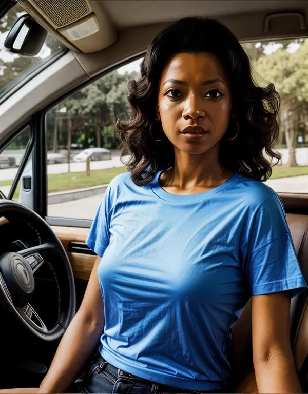 AI generated image of a woman with wavy black hair wearing a blue shirt sitting in a car using stable diffusion.