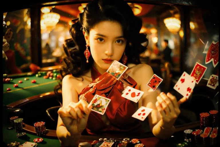 A woman in a red dress sitting in a casino, with playing cards floating around her, created using Stable Diffusion.