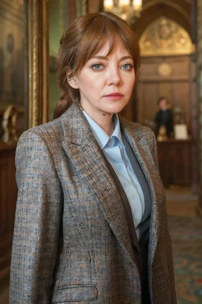 A professional woman in a plaid suit jacket, light blue shirt, and vest standing in a historical interior setting. Ai generated image using stable diffusion.