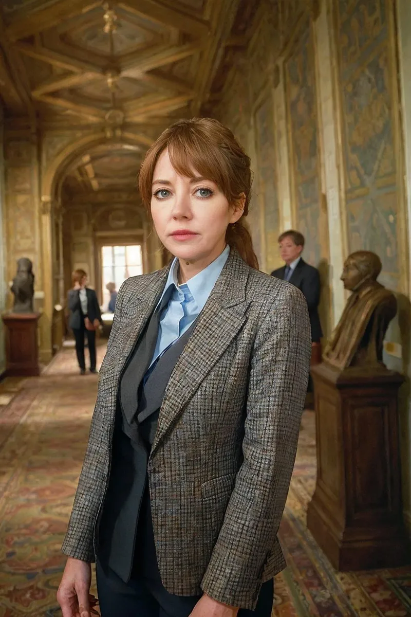 AI generated image of a woman in formal attire standing in a historical museum with other individuals in the background, created using Stable Diffusion.