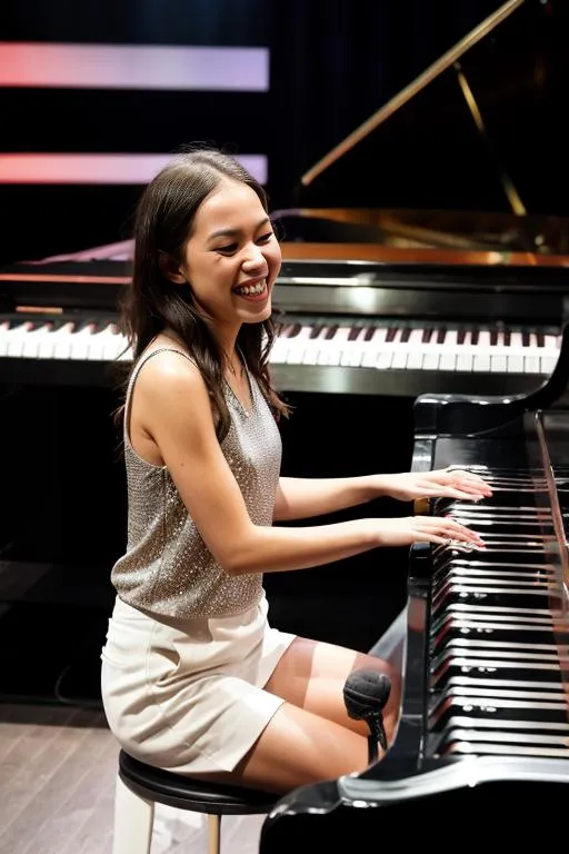 Smiling woman in silver top and white skirt playing a piano on stage. This is an AI generated image using stable diffusion.