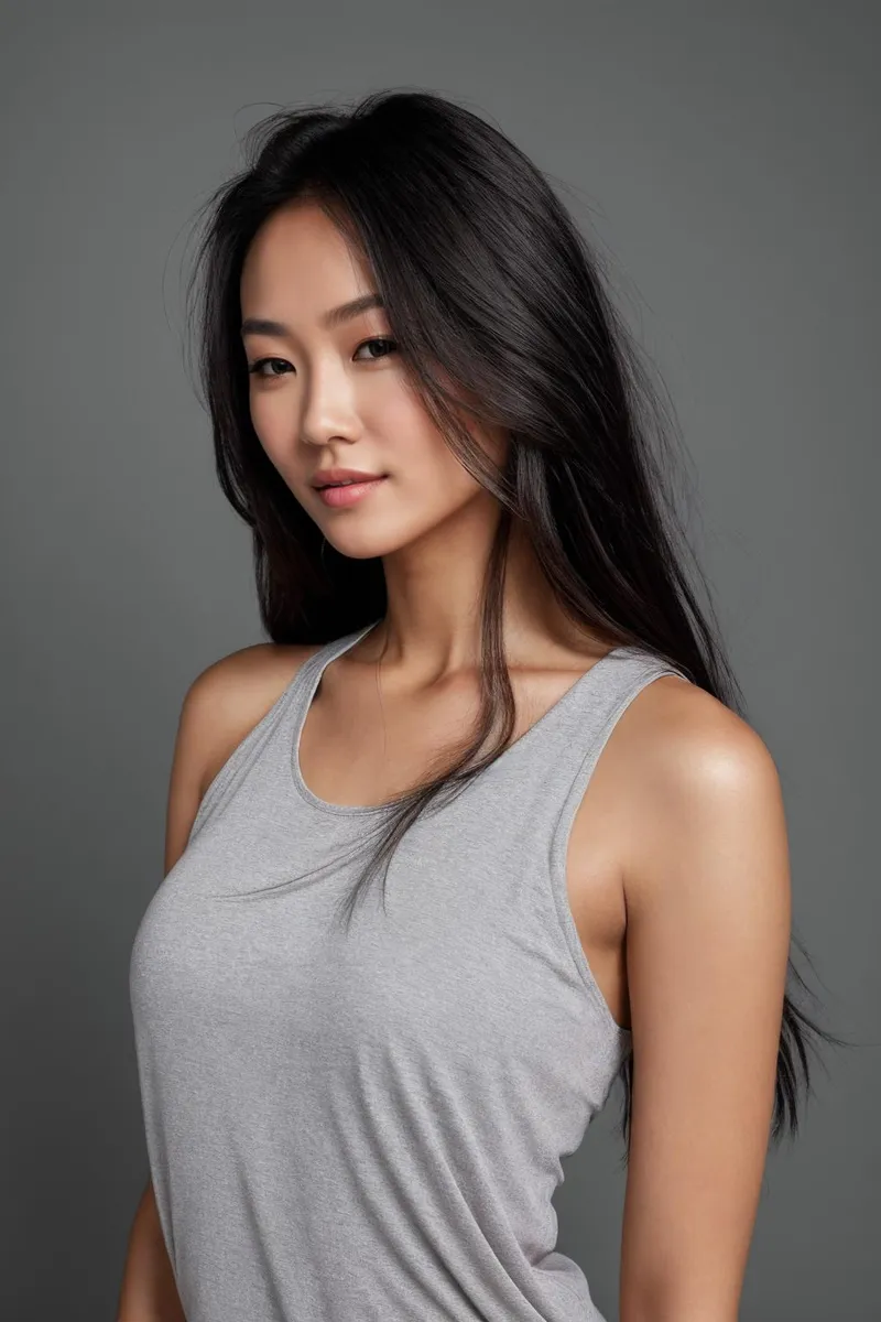 AI generated portrait of a woman with long black hair, wearing a grey tank top, created using stable diffusion.