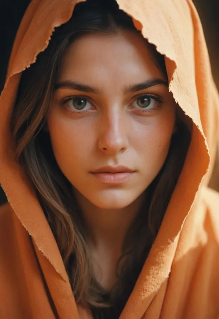 A close-up portrait of a woman wearing an orange cloak, created using stable diffusion ai.