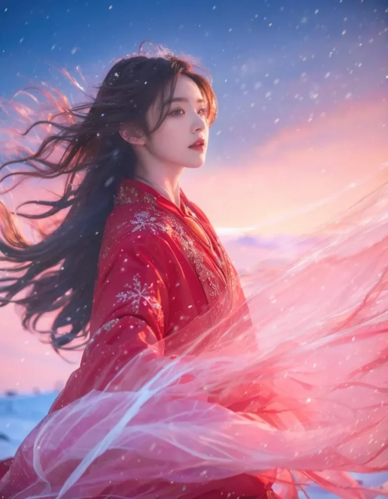 A woman in a red dress standing in a scenic, snowy landscape with flowing fabric and vibrant sky colors. AI generated using Stable Diffusion.