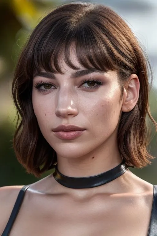 A sensual portrait of a woman with short brown hair and a black choker, created using Stable Diffusion AI.