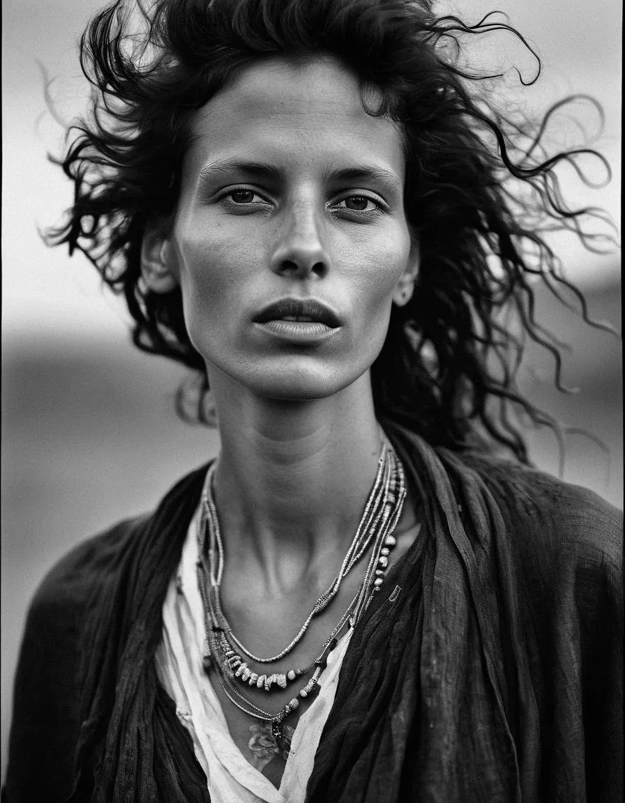 Black and white portrait of a woman with curly hair and necklaces, generated with AI using Stable Diffusion.