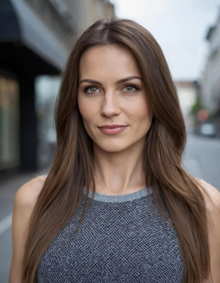 A detailed outdoor portrait of a woman with long brown hair, wearing a grey sleeveless top, and a soft smile. This is an AI generated image using Stable Diffusion.