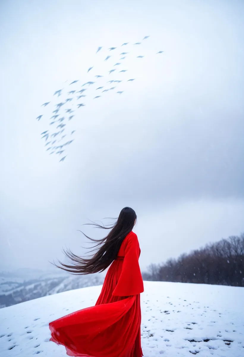 A woman in a flowing red dress standing on a snowy landscape with long hair blowing in the wind, and a flock of birds flying in the distance. AI generated image using stable diffusion.