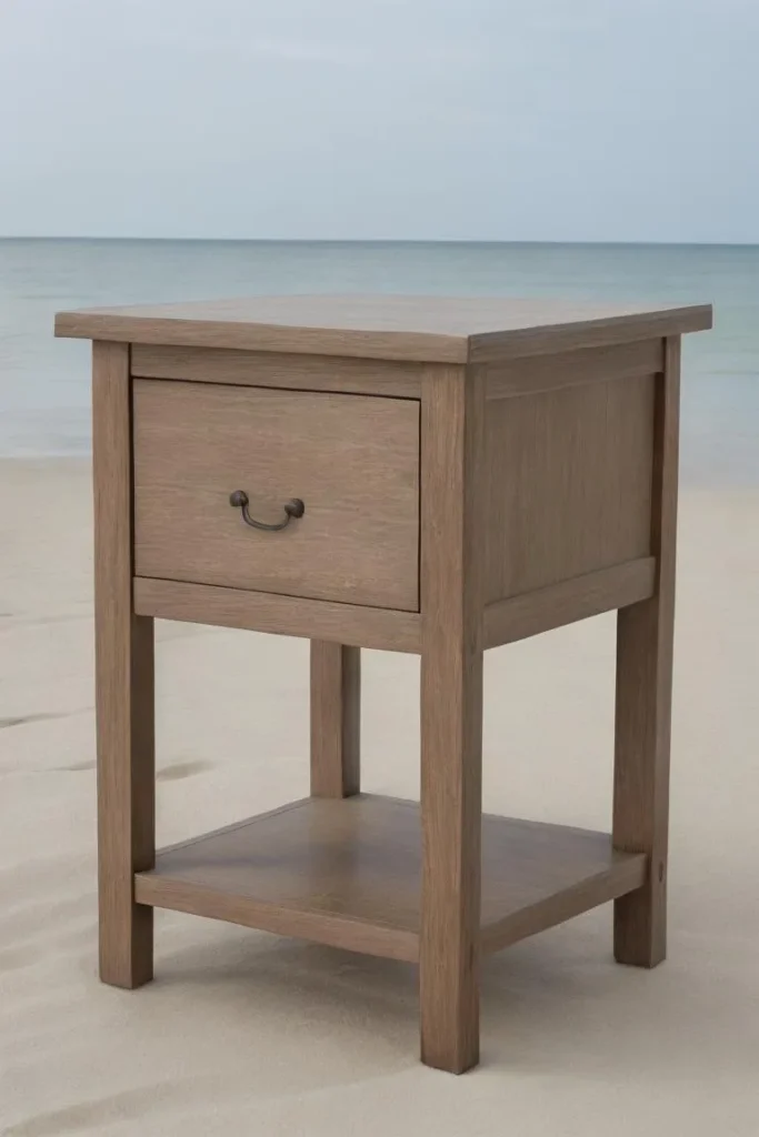 A wooden nightstand with a single drawer and open bottom shelf placed on sandy beach with the ocean in the background, ai generated image using stable diffusion.