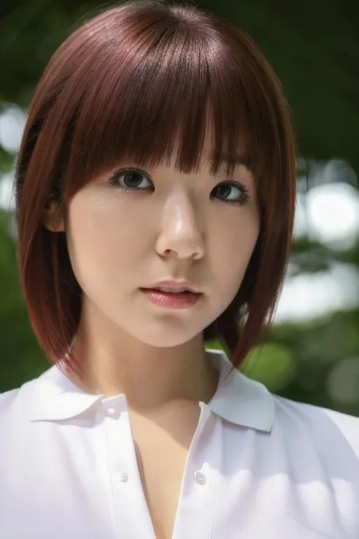 A close-up portrait of a young woman with short brown hair and bangs, wearing a white polo shirt under natural light. The image is AI generated using Stable Diffusion.