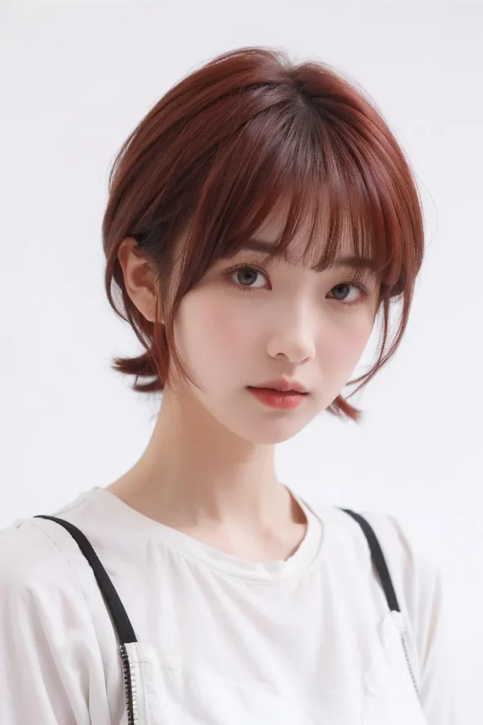 Portrait of a young woman with short red hair, wearing a white shirt with black suspenders. Ai-generated image using stable diffusion.