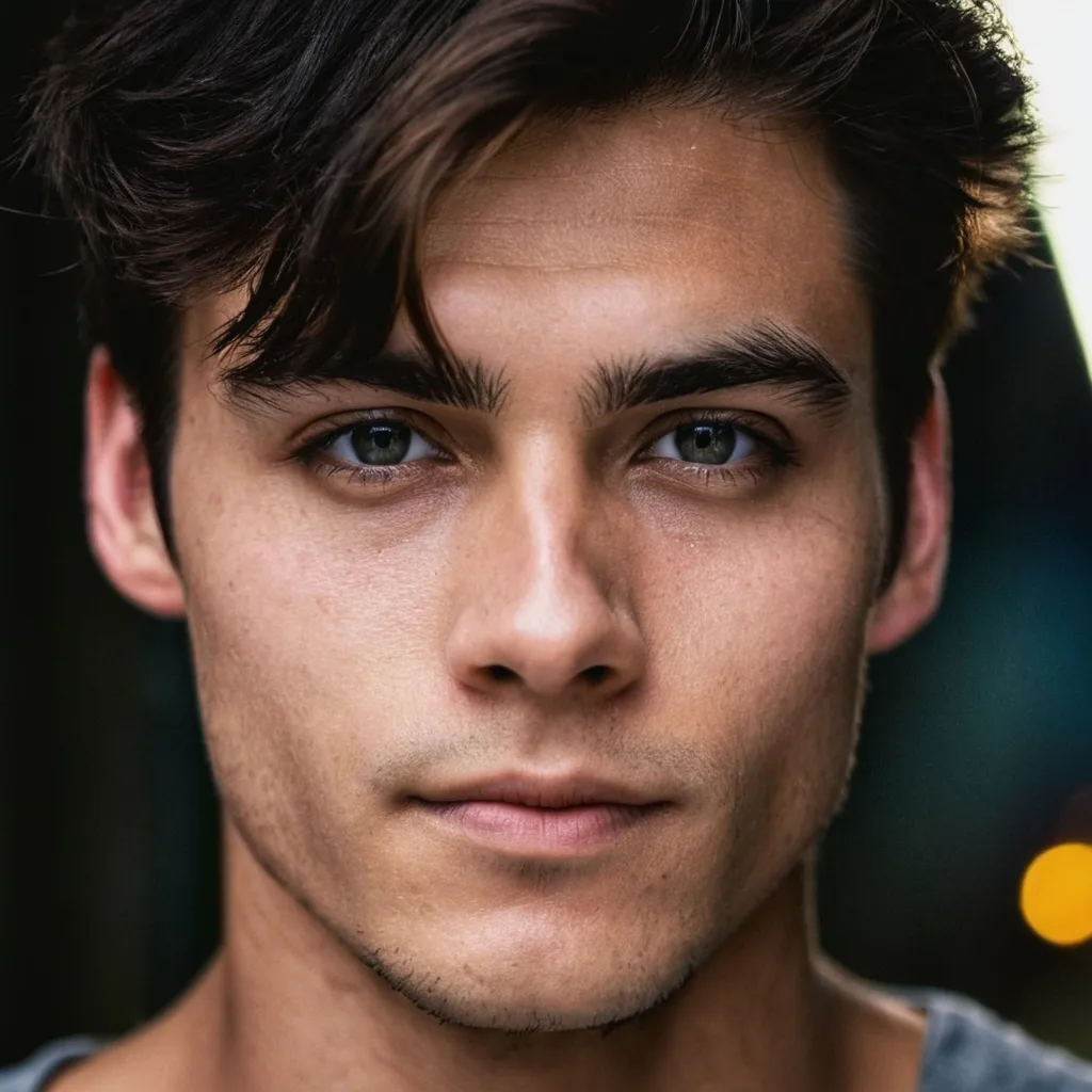 Close-up portrait of a young man with intense gaze, generated with Stable Diffusion.