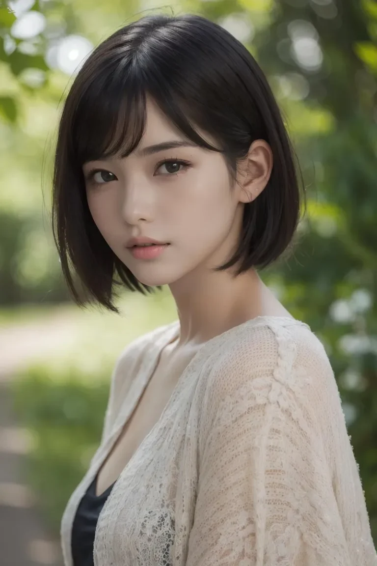 A close-up portrait of a young woman with short dark hair and a neutral expression, wearing a light-colored, lacy top. The background consists of green, out-of-focus foliage, suggesting an outdoor, natural setting. This is an AI generated image using Stable Diffusion.