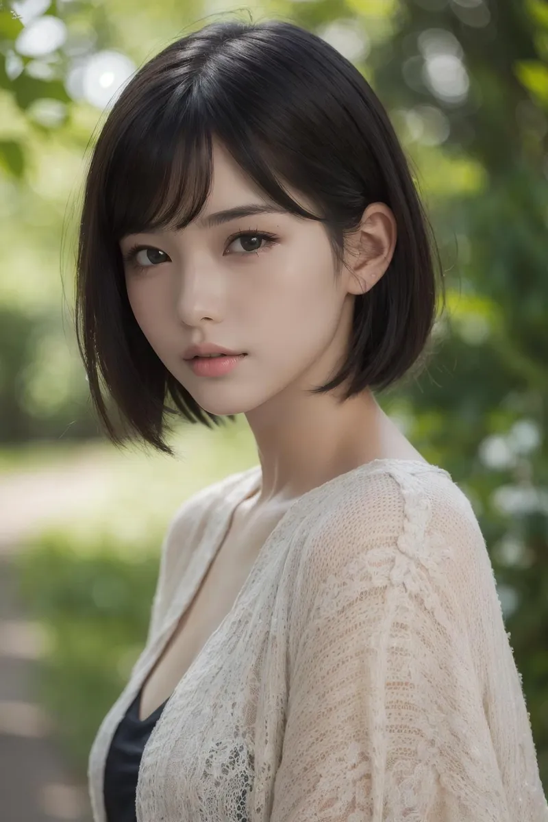 A close-up portrait of a young woman with short dark hair and a neutral expression, wearing a light-colored, lacy top. The background consists of green, out-of-focus foliage, suggesting an outdoor, natural setting. This is an AI generated image using Stable Diffusion.