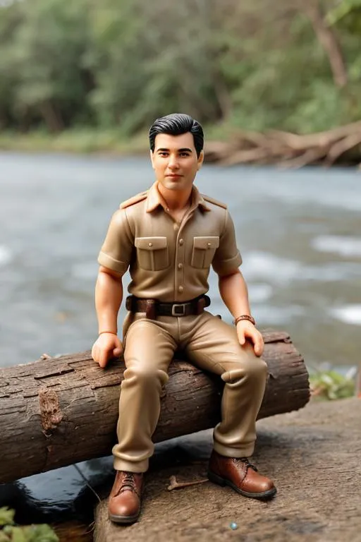 Action figure in a police uniform sitting on a log beside a river in a natural outdoor setting, AI generated using Stable Diffusion.