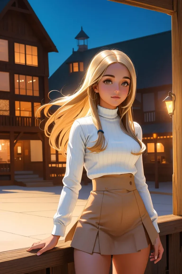 An AI generated image using Stable Diffusion of an anime-style girl with long blonde hair wearing a white turtleneck and a beige skirt, standing by a wooden railing in an evening setting with warmly lit buildings in the background.