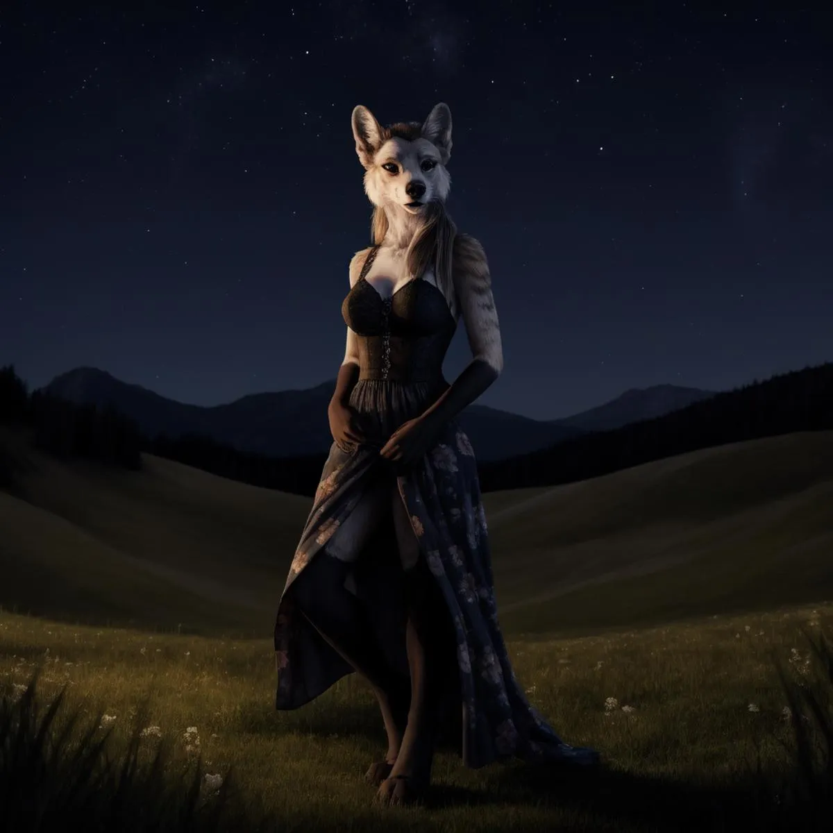 Anthropomorphic coyote dressed in a dark dress standing in a night landscape with stars, AI-generated using Stable Diffusion.