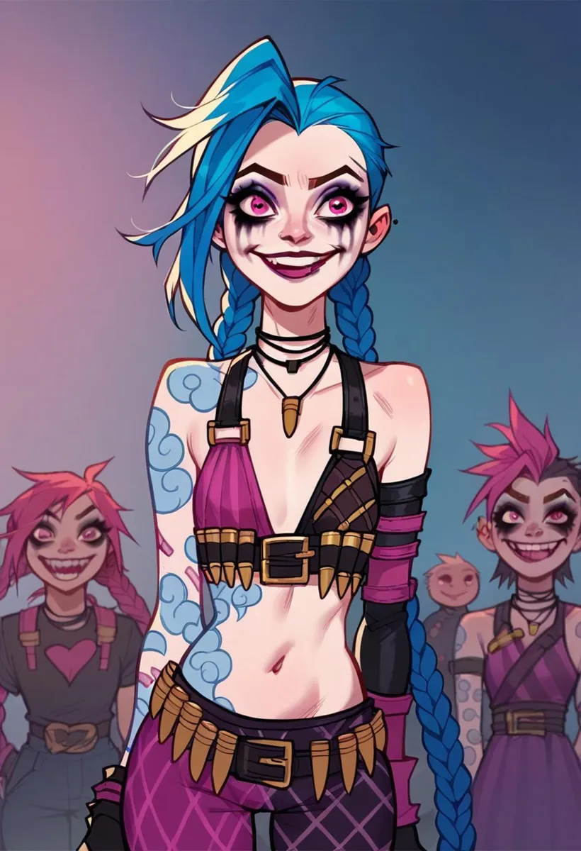 Colorful punk girl with blue hair, pink highlights, and detailed face makeup in anime style, AI generated using stable diffusion.