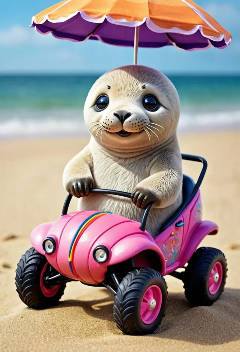 AI generated image of a cute seal sitting in a pink toy car on a sandy beach with an umbrella overhead using Stable Diffusion.