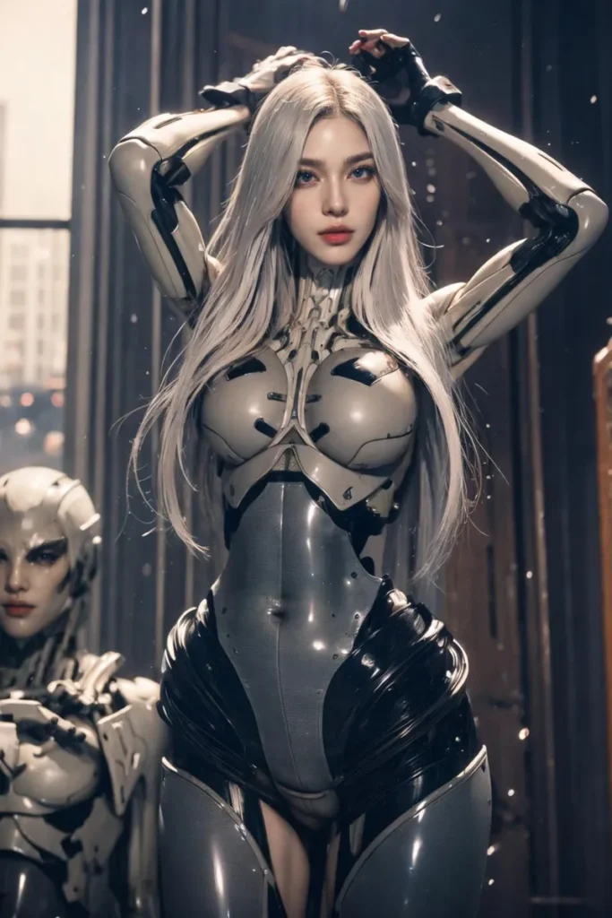 Cyborg woman with long silver hair in futuristic armor, ai generated image using stable diffusion.