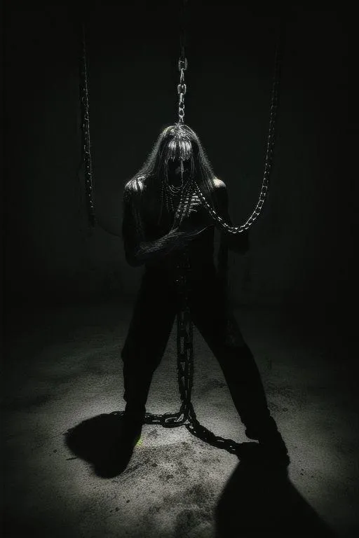 A dark figure enshrouded in chains, created using AI and stable diffusion.