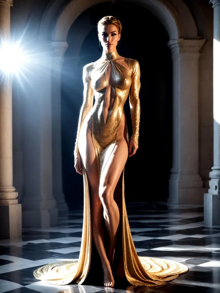 An AI generated image using Stable Diffusion showing an elegant woman in a golden gown standing in a grand hallway with dramatic lighting.