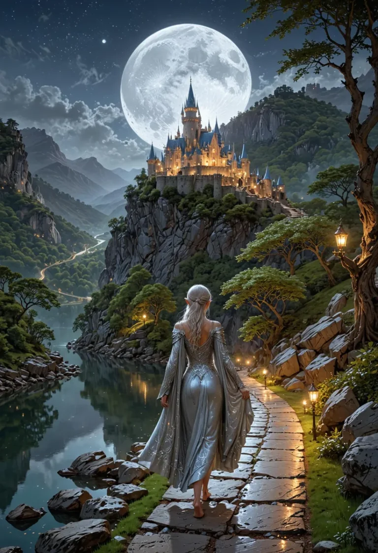 AI generated image of an elven princess walking on a moonlit path approaching a fantasy castle atop a cliff using Stable Diffusion.