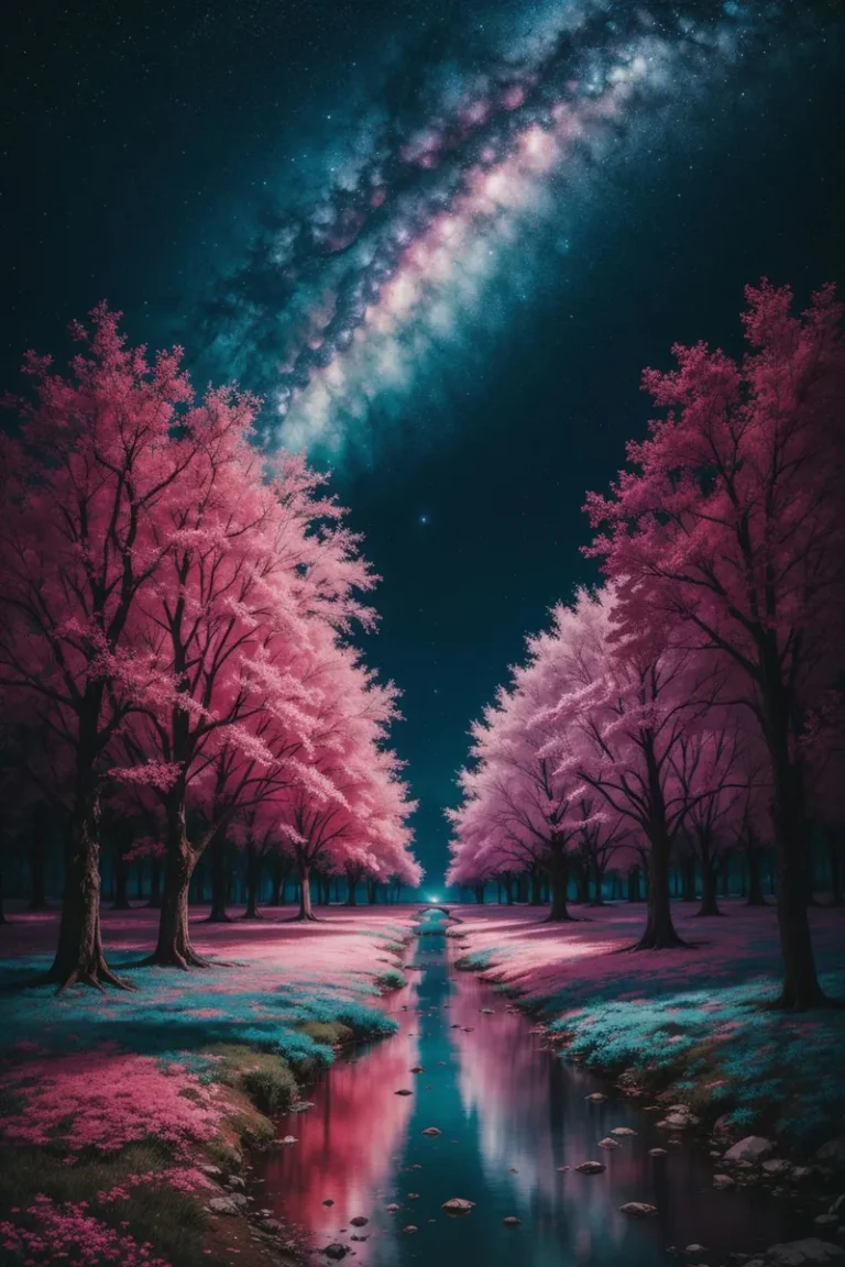 A fantasy landscape with pink trees and the Milky Way galaxy in the sky. AI generated image using Stable Diffusion.