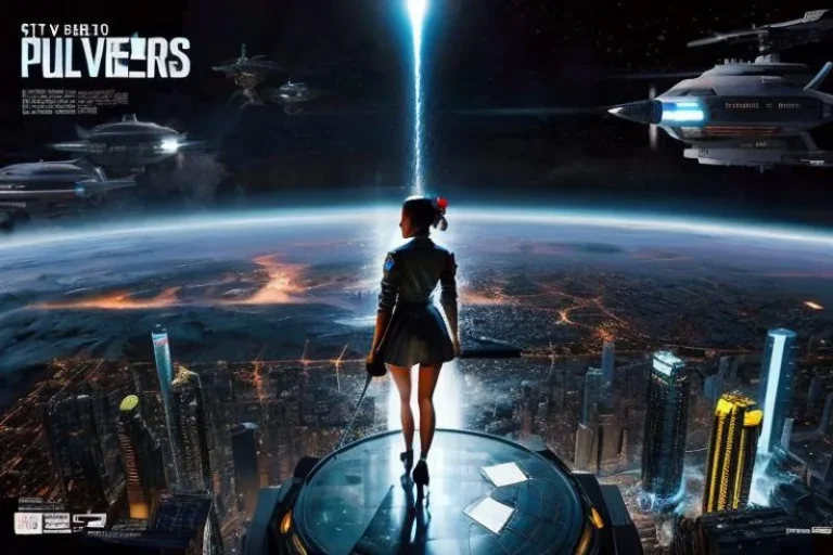 A futuristic cityscape with a woman standing on a platform overlooking a city filled with high-tech buildings and flying spaceships using AI-generated Stable Diffusion techniques.