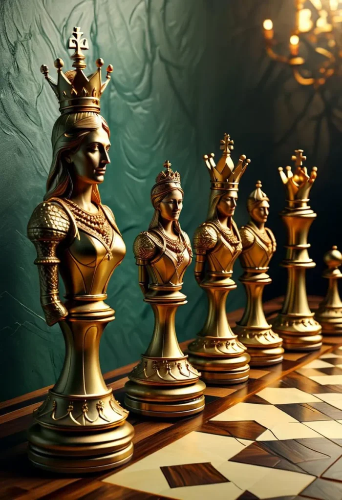 Gold chess pieces in a luxurious set, ai generated image using stable diffusion.