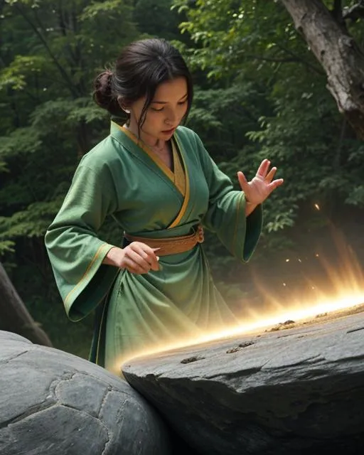 A martial artist in a green robe discovering mystical powers in a forest, AI generated image using Stable Diffusion.