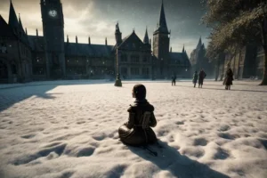 Medieval courtyard with people in winter snow, an AI generated image using stable diffusion.