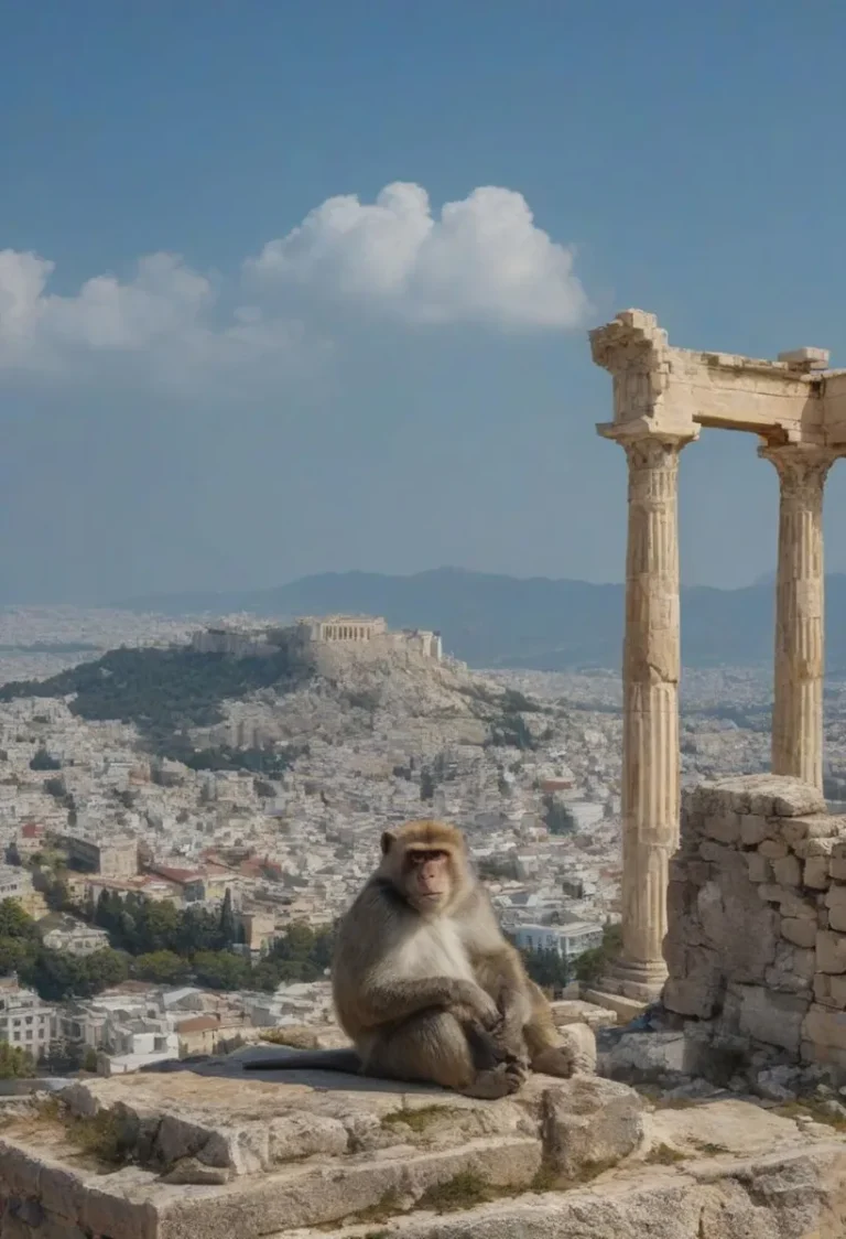 A monkey sitting among ancient Greek ruins with a cityscape and mountains in the background. This is an AI generated image using Stable Diffusion.