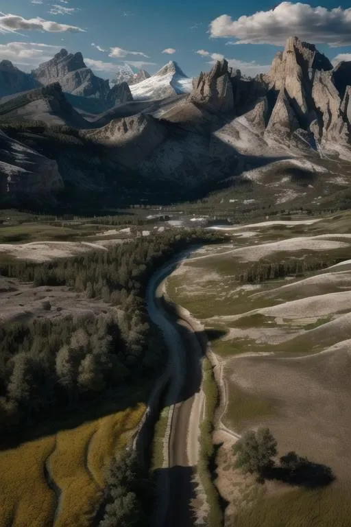 A stunning AI generated image of a mountain valley landscape with a winding road and dramatic peaks created using Stable Diffusion.