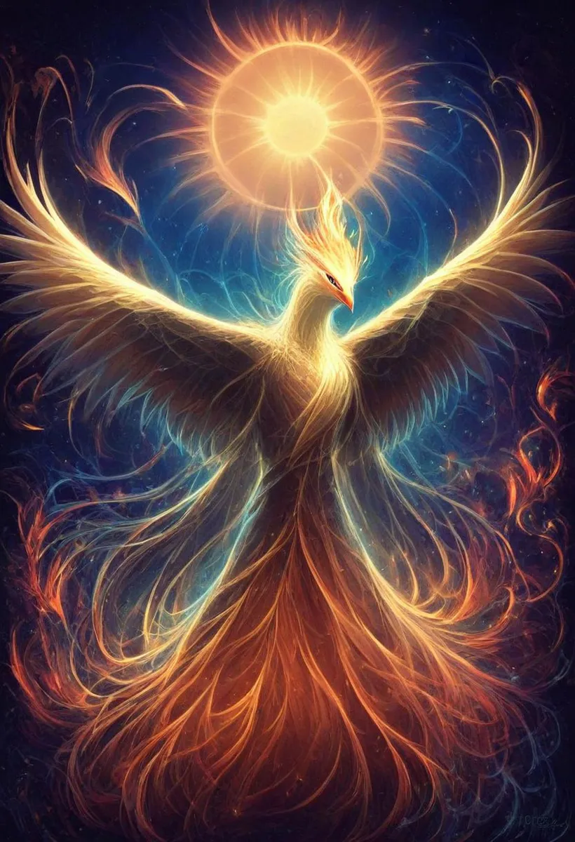 A detailed image of a phoenix with fiery wings rising towards a glowing sun, created using Stable Diffusion.