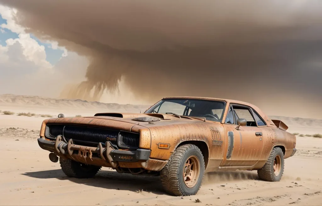 A post-apocalyptic car with rusted features parked in a desert under an impending storm. Ai generated image using stable diffusion.