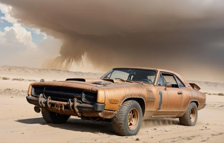 A post-apocalyptic car with rusted features parked in a desert under an impending storm. AI generated image using Stable Diffusion.