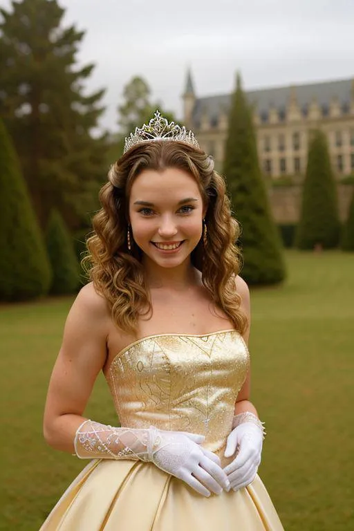 A young woman dressed as a princess in a gold prom dress and tiara, AI generated image using stable diffusion.