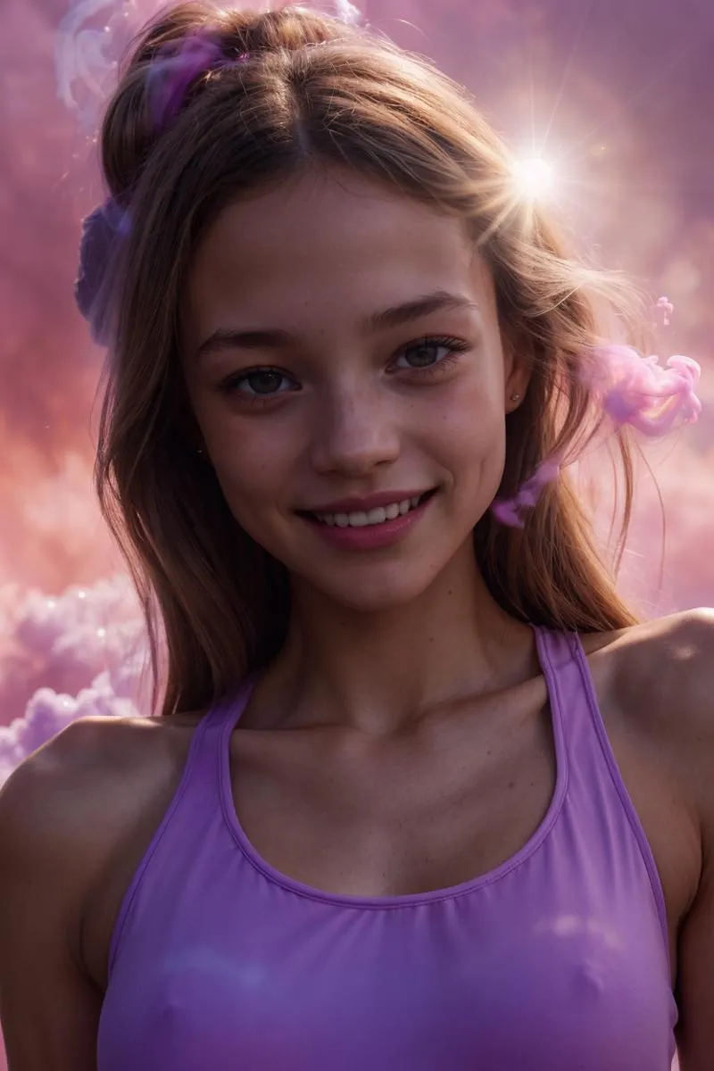 A smiling young girl with blonde hair against a background of pink clouds and sunlight, AI generated using Stable Diffusion.