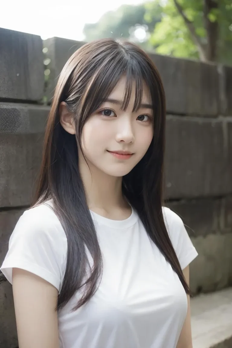 A smiling young woman with long dark hair wearing a white t-shirt, standing against a stone wall outdoors, created using AI and Stable Diffusion.